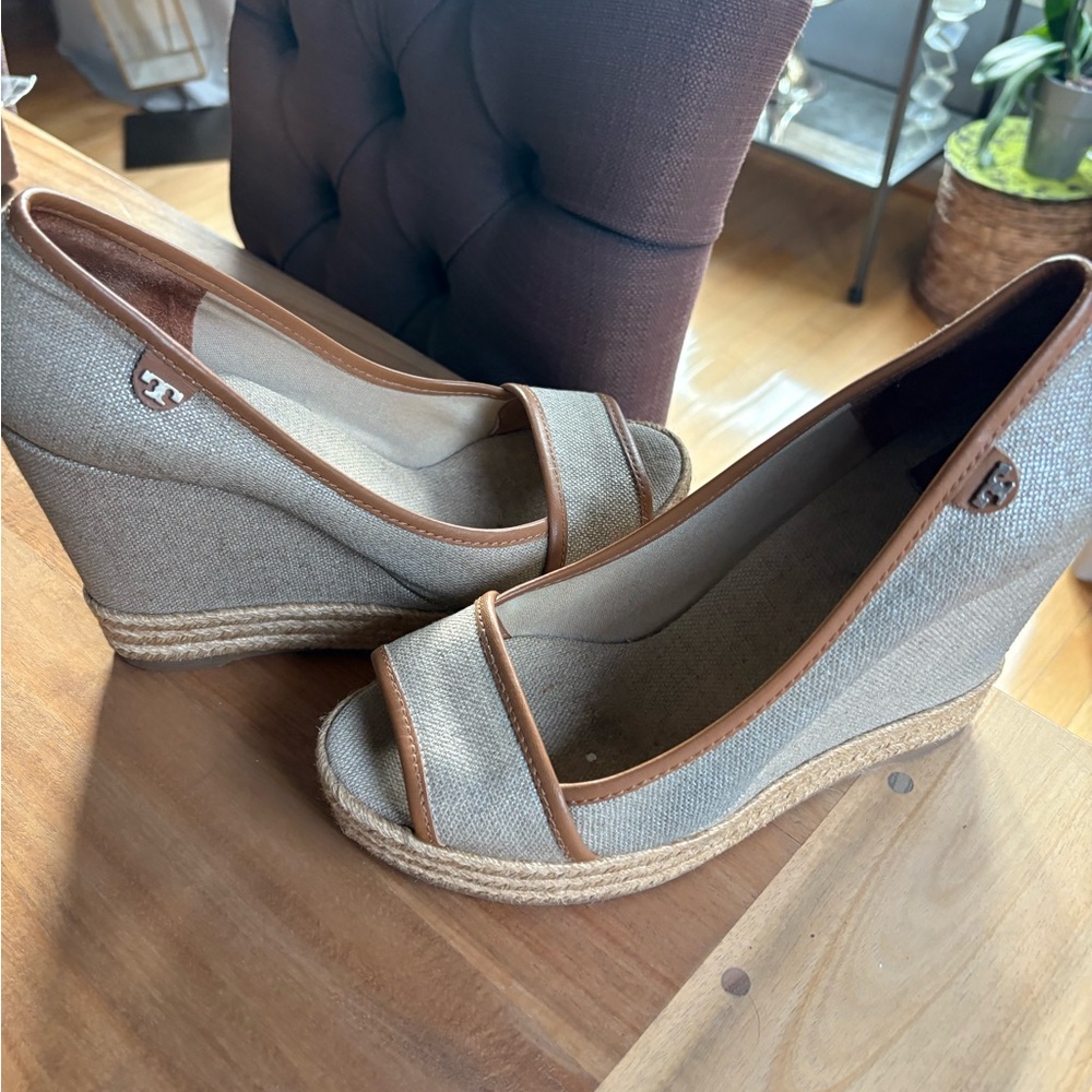 Tory Burch Gray and Brown Majorca Wedge Heels